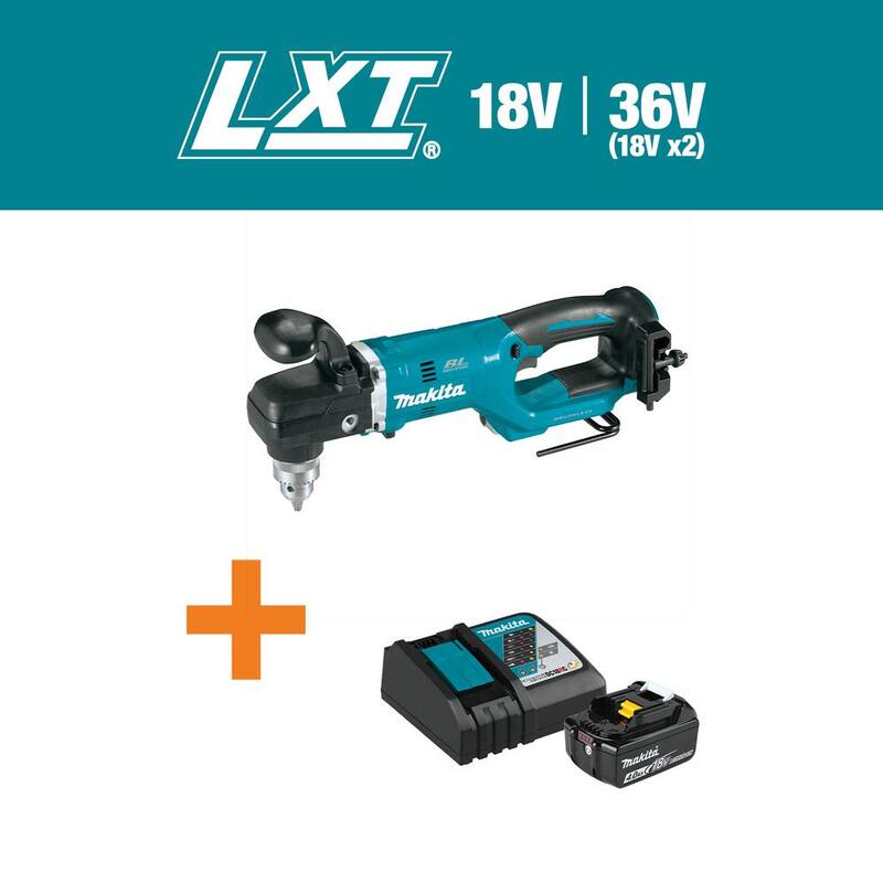 Makita Taladro angular derecho inalámbrico de 1/2 pulgadas con tecnología de iones de litio de 18V y sin escobillas con bono de batería 18V 4.0Ah LXT y paquete de inicio de cargador - XAD05ZBL1840BDC