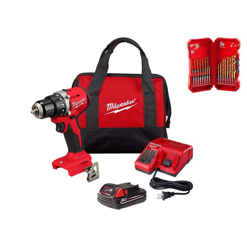 Milwaukee M18 18-Volt Lithium Ion Brushless Cordless 1/2 in. Compact Drill/Driver Combo Kit with Titanium Drill Bit Set (23-Piezas) - 3601-21P-48-89-4631