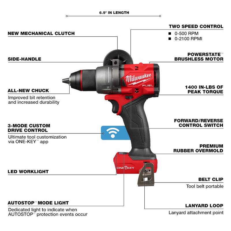 Milwaukee M18 FUEL ONE-KEY Taladro/destornillador inalámbrico sin escobillas de iones de litio de 18V 1/2 pulg. (Herramienta solamente) - 2905-20