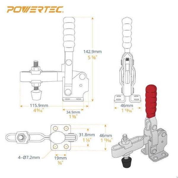 Powertec Toggle Clamp, 500 lbs Cap., 12130 Quick Release Vertical Clamps, Antislip Rubber Pressure Tip - 20305N