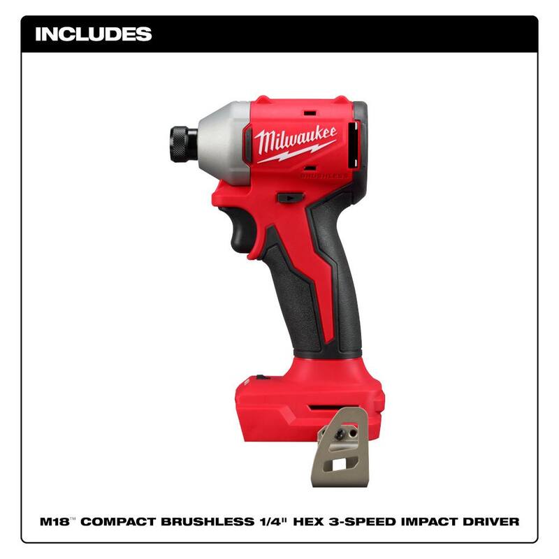 Milwaukee M18 18V Taladro de Impacto Inalámbrico Compacto Sin Escobillas de Litio de 1/4 de Pulgada (Herramienta Únicamente) - 3651-20