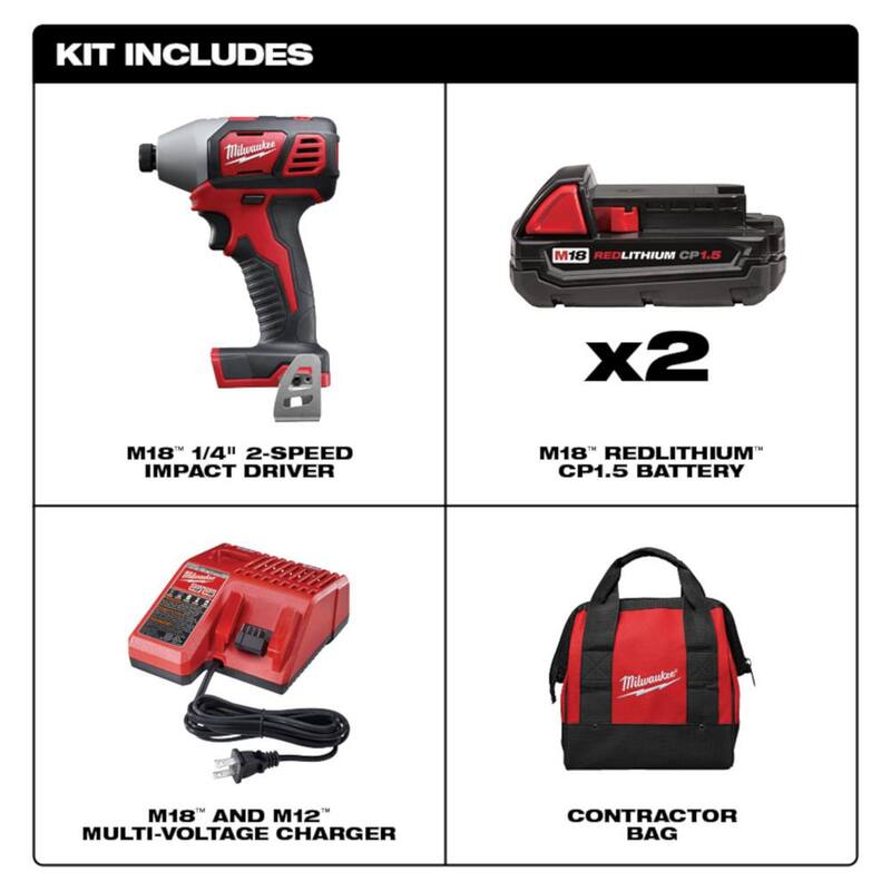 Juego de destornillador de impacto inalámbrico de 1/4 de pulgada Milwaukee M18 18V de iones de litio con (2) baterías de 1.5Ah, cargador, bolsa - 2656-22CT.