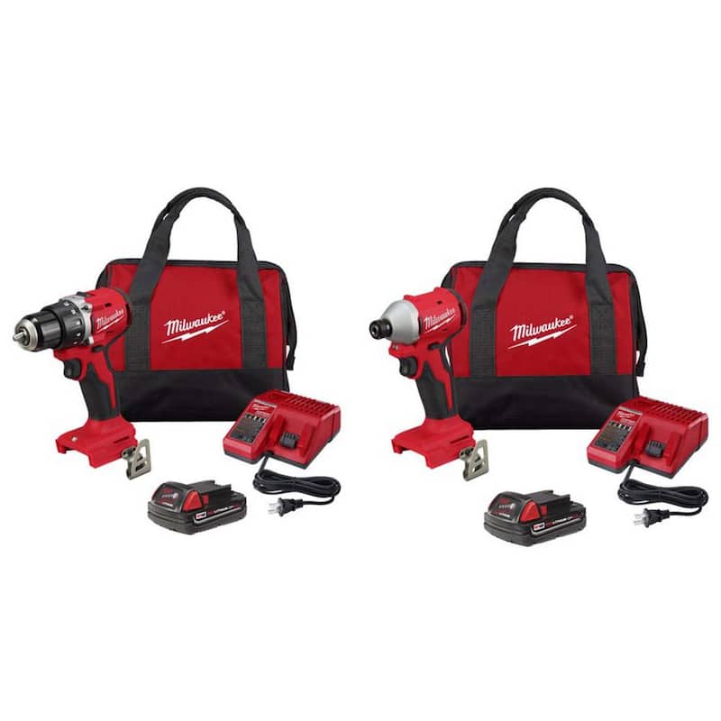 Milwaukee M18 Taladro compacto inalámbrico con motor sin escobillas de 18V de iones de litio y destornillador de impacto con (2) baterías de 2.0 Ah, cargador, bolsa de herramientas - 3601-21P-3650-21P