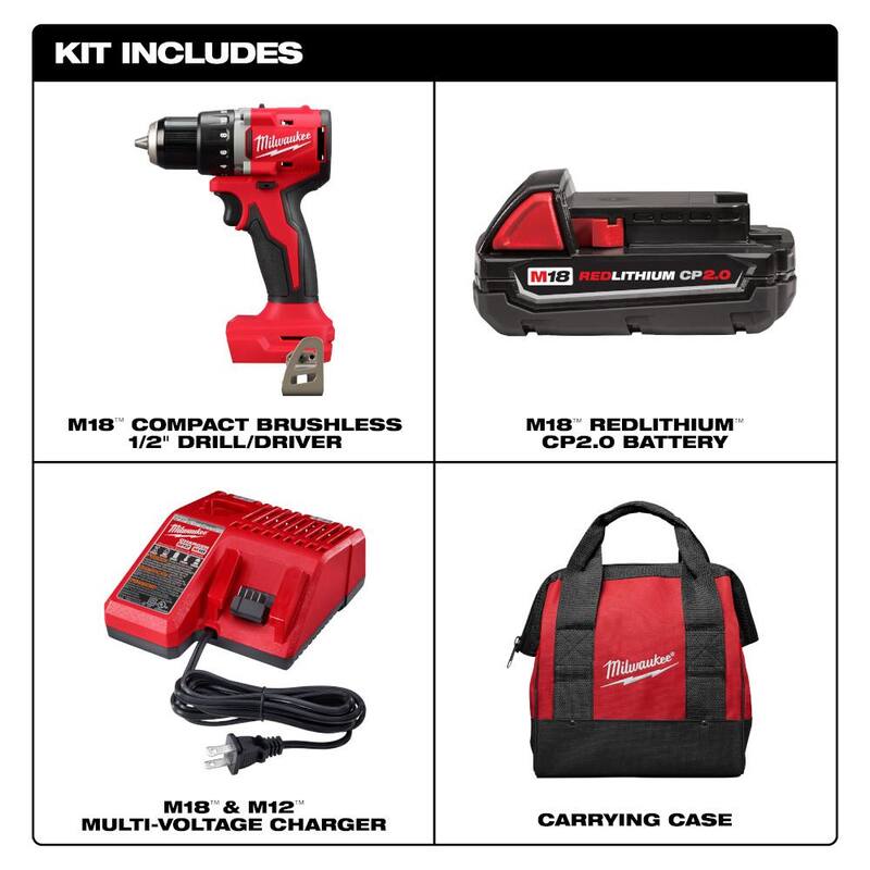 Milwaukee M18 Taladro compacto inalámbrico con motor sin escobillas de 18V de iones de litio y destornillador de impacto con (2) baterías de 2.0 Ah, cargador, bolsa de herramientas - 3601-21P-3650-21P