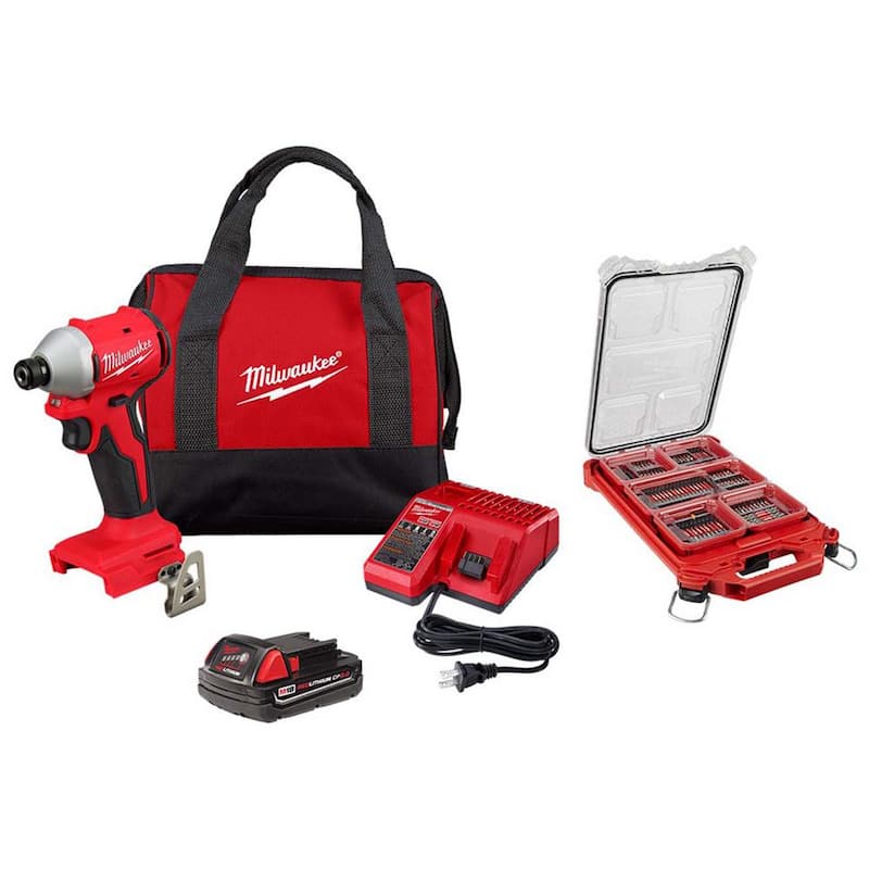 Milwaukee M18 18V Litio Ion Compacto Inalámbrico sin escobillas 1/4 pulgadas. Kit combo de atornillador de impacto con juego de puntas SHOCKWAVE - 3650-21P-48-32-4082