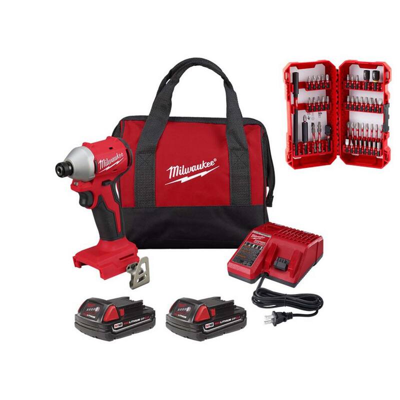 Juego de destornillador de impacto inalámbrico sin escobillas de ion de litio de 18 voltios Milwaukee M18 de 1/4 de pulgada con juego de puntas de destornillador SHOCKWAVE (45 piezas) - 3650-22CT-48-32-4023