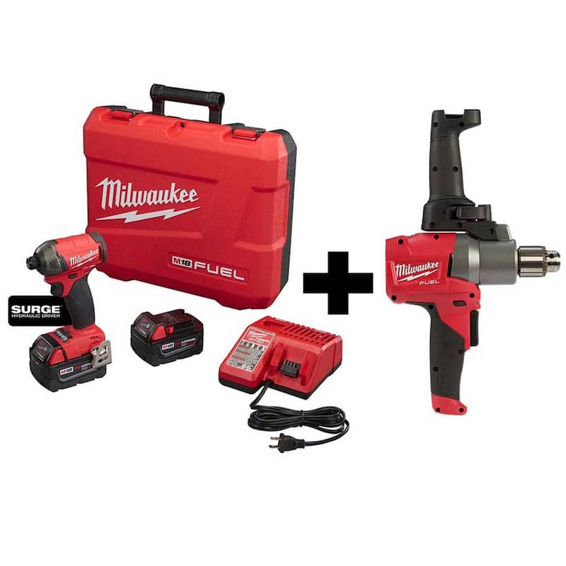 Milwaukee M18 FUEL SURGE Kit de impacto inalámbrico con tecnología Brushless de 18 V y batería de iones de litio de 1/4 de pulgada, incluye M18 FUEL mezclador de lodo de 1/2 de pulgada - 2760-22-2810-20
