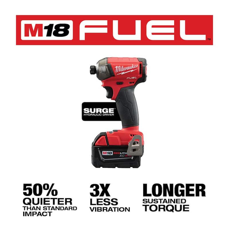 Milwaukee M18 FUEL SURGE Kit de impacto inalámbrico con tecnología Brushless de 18 V y batería de iones de litio de 1/4 de pulgada, incluye M18 FUEL mezclador de lodo de 1/2 de pulgada - 2760-22-2810-20
