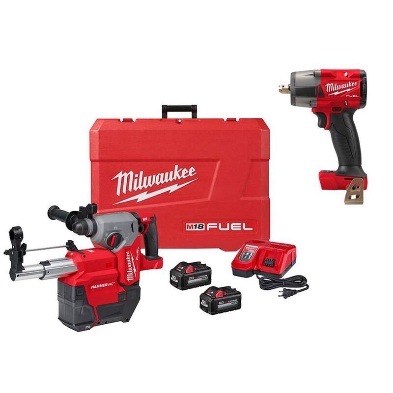 Milwaukee M18 FUEL 18V Lithium-Ion sin escobillas 1 in. Kit de martillo rotativo inalámbrico SDS-Plus/extractor de polvo y llave de impacto M18 FUEL - 2912-22DE-2962P-20