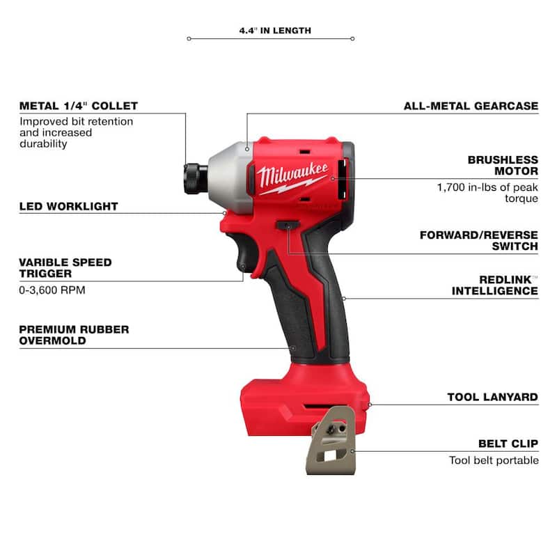 Milwaukee M18 18-Volt Lithium-Ion Brushless Cordless 1/4 in. Compact Impact Driver con Batería M18 5.0Ah y Cargador - 3650-20-48-59-1850