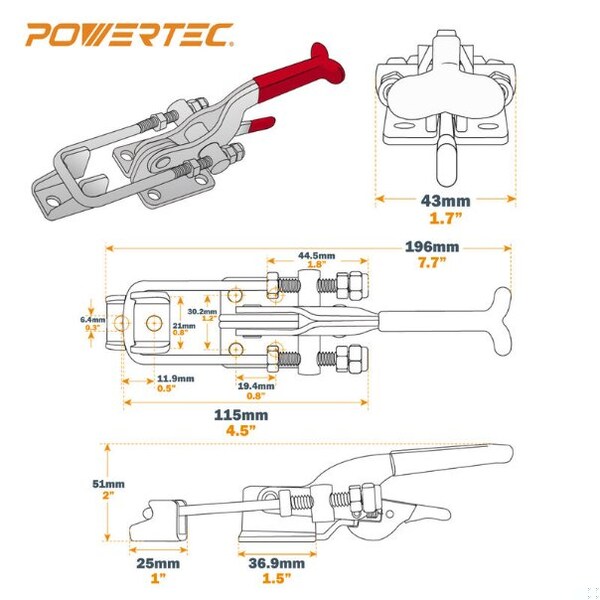 Powertec 4PK Toggle Clamp, 700 lbs Cap., 431 Self-Lock U-Bolt Adj. Latch, Antislip Hand Grip20341-P2, 4PK - 20341-P2N