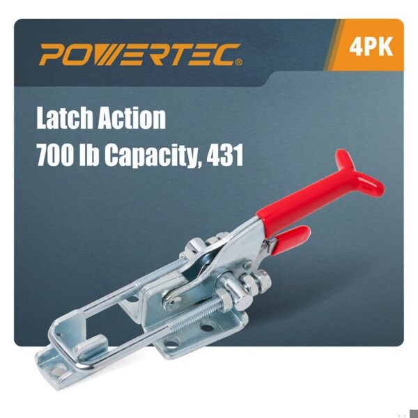 Powertec 4PK Toggle Clamp, 700 lbs Cap., 431 Self-Lock U-Bolt Adj. Latch, Antislip Hand Grip20341-P2, 4PK - 20341-P2N