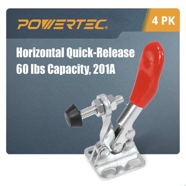 Powertec Toggle Clamp, 60 lbs Cap., 201A Quick Release Horizontal Clamps, Antislip Rubber Pressure Tip, 4PK - 20329N