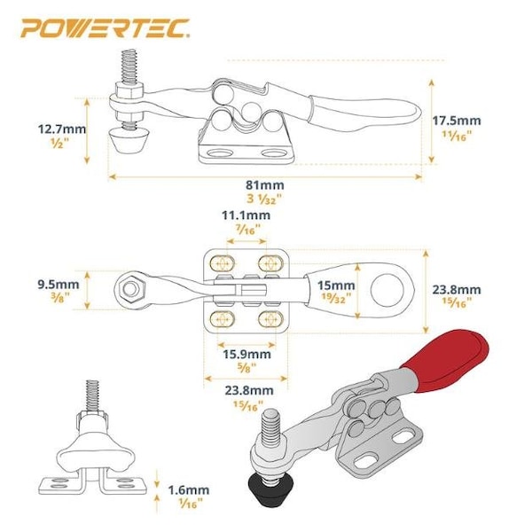 Powertec Toggle Clamp, 60 lbs Cap., 201A Quick Release Horizontal Clamps, Antislip Rubber Pressure Tip, 4PK - 20329N