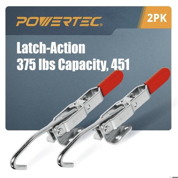 Powertec Toggle Clamp, 375 lbs Cap., 451 Adj. Pull Action Latch 20308-P2, 2PK - 20308-P2N