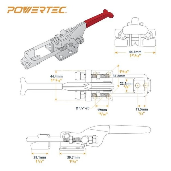 Powertec 4PK Toggle Clamp Set, 375 lbs & 700 lbs Cap., J Hook, Self-Lock U-Bolt Adj. Latch 20345, 4PK - 20345N