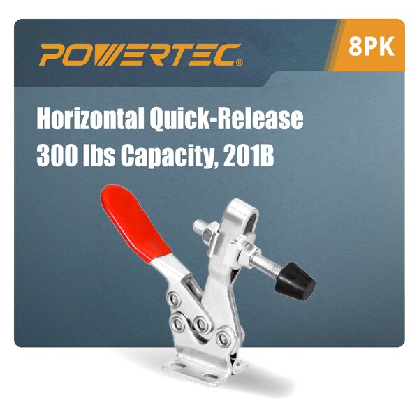 Powertec Toggle Clamp, 300 lbs Cap., 201B Quick Release Horizontal Clamps, Antislip Rubber Pressure Tip, 8PK - 20327-P2N