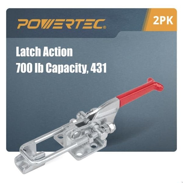 Powertec Toggle Clamp, 700 lbs Cap., 431 Adj. U Bolt Latch, Antislip Hand Grip20307-P2, 2PK - 20307-P2N