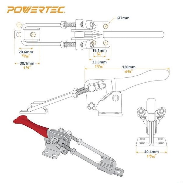 Powertec 20344 4PK Toggle Clamps, Adj. U Bolt Latch, Antislip Hand Grip 334 & 40344, 4PK - 20344N