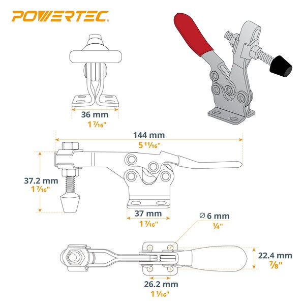 Powertec Toggle Clamp, 300 lbs Cap, 201B Quick Release Horizontal Clamps, Antislip Rubber Pressure Tip, 12PK - 20327-P3N