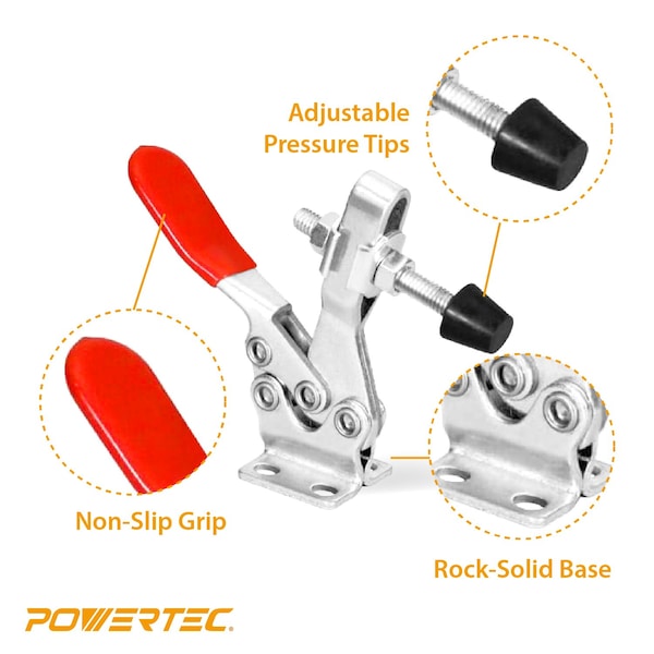 Powertec Toggle Clamp, 300 lbs Cap, 201B Quick Release Horizontal Clamps, Antislip Rubber Pressure Tip, 12PK - 20327-P3N