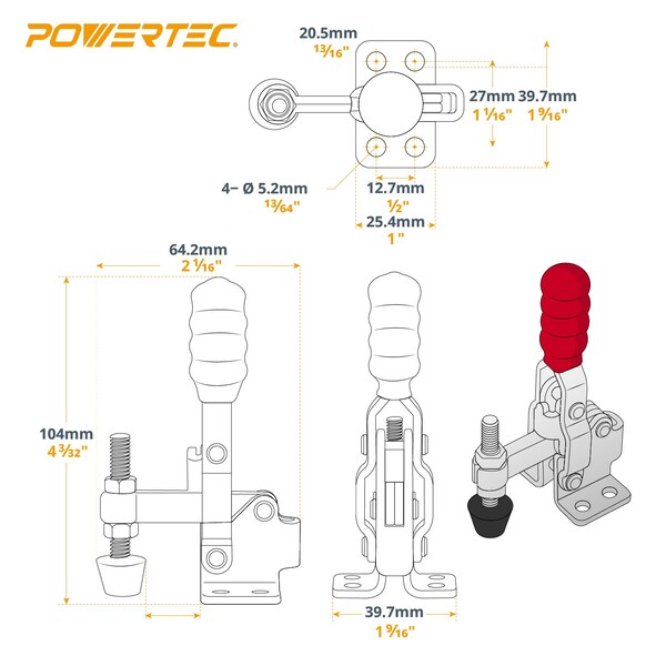 Powertec Toggle Clamp, 200 lbs Cap., 12050 Quick Release Vertical Clamps, Antislip Rubber Pressure Tip, 16PK - 20328-P4N