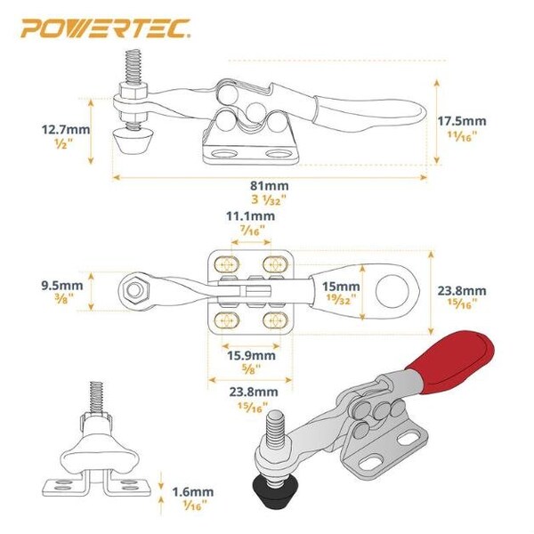 Powertec Toggle Clamp, 60 lbs Cap., 201A Quick Release Horizontal Clamps, Antislip Rubber Pressure Tip, 2PK - 20317N