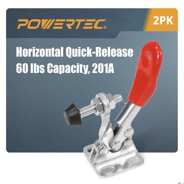 Powertec Toggle Clamp, 60 lbs Cap., 201A Quick Release Horizontal Clamps, Antislip Rubber Pressure Tip, 2PK - 20317N
