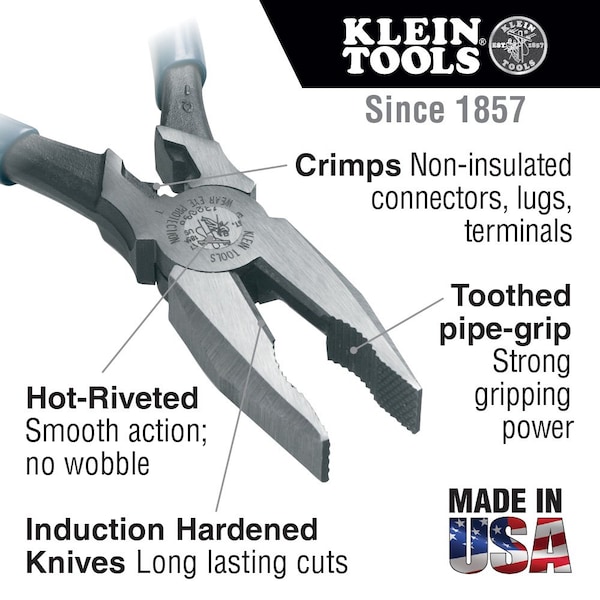 Klein Tools 8 5/8 in Linemans Plier High Leverage w/ Wire Crimper, Steel - 12098