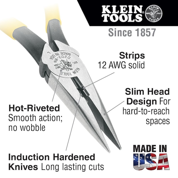 Klein Tools 8 9/16 in J203 Long Nose Plier, Side Cutter Plastic Dipped Handle - J203-8N