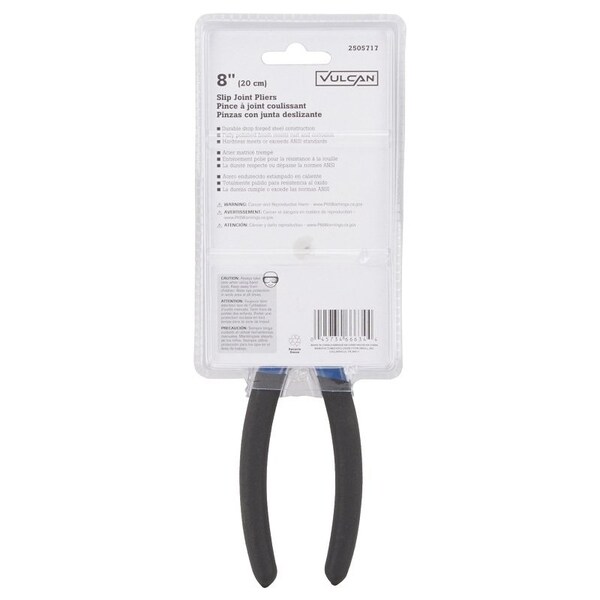 Vulcan Slip Joint Plier, 8 in OAL, 1-1/4 in Jaw Opening, Black/Blue Handle, Non-Slip Handle, 1-1/4 in W Jaw - JL-NP013