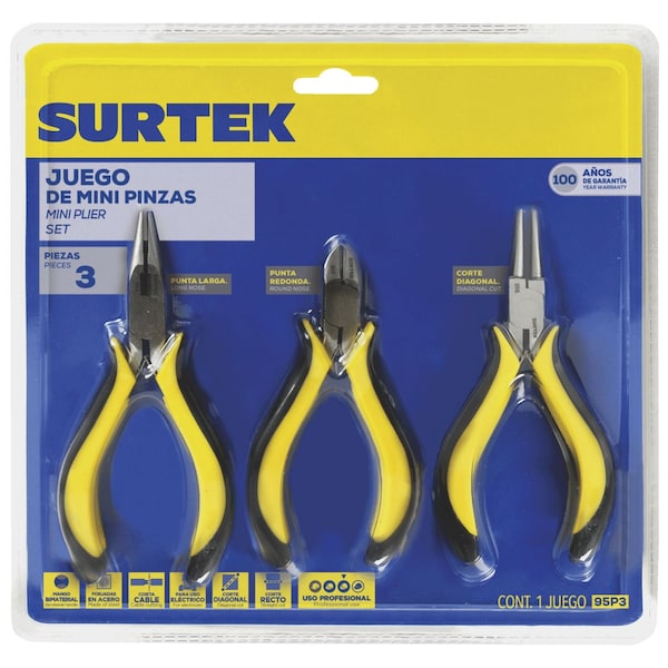 Surtek Bimaterial Handle Mini Plier Set For Electronics, 3 Piece - 95P3