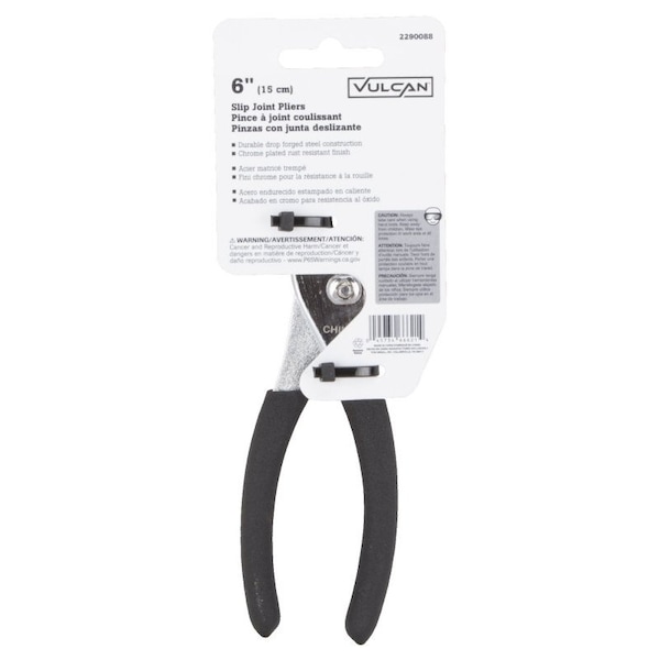 Vulcan Slip Joint Plier, 6 in OAL, 1 in Jaw Opening, Black Handle, Non-Slip Handle, 1 in W Jaw, 7/8 in L Jaw - JL-NP003