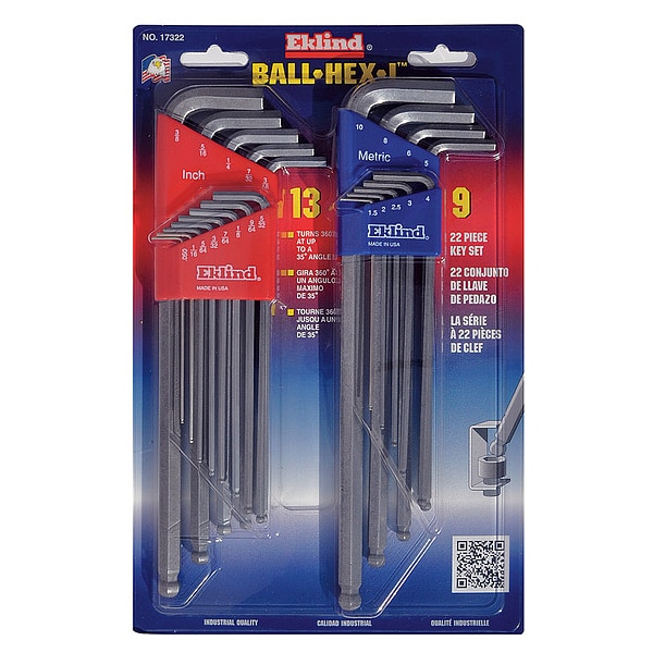 Eklind 22-Piece Hex Key Set, Combination Ball-Hex-L, Extra Long, Metric and SAE Color Coded Sets - 17322