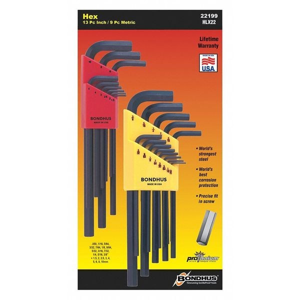 Bondhus 22 Piece Metric/SAE L-Shape Hex Key Set, 22199 - 22199