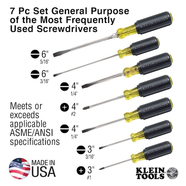 Klein Tools Screwdriver Set, General Purpose, Slotted and Phillips Tip, Steel Shank, Ergonomic Grip, 7-Piece - 85076