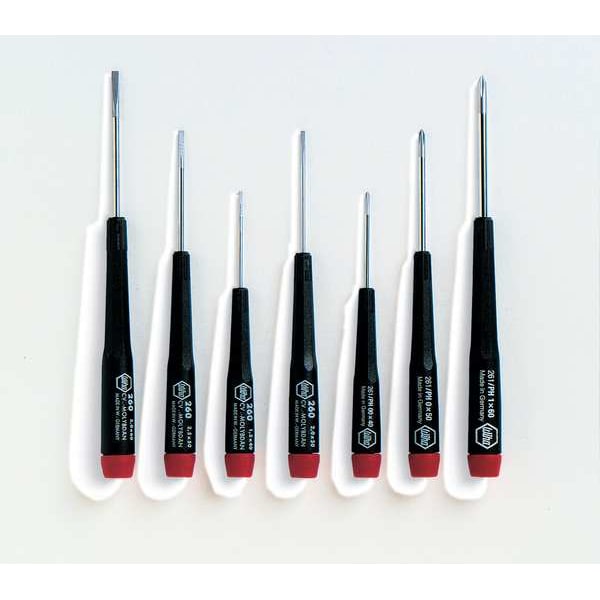 Wiha Precision Screwdriver Set, Phillips/Slotted Tip, 1/16 in, 1/8 in, 3/32 in, 5/64 in Tip Size, 7-Piece - 26197