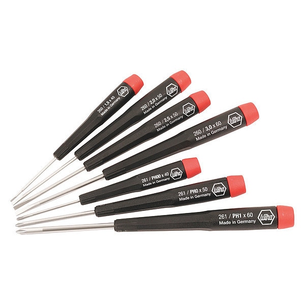 Wiha Precision Screwdriver Set, Phillips/Slotted Tip, 1/16 in, 1/8 in, 3/32 in, 5/64 in Tip Size, 7-Piece - 26197