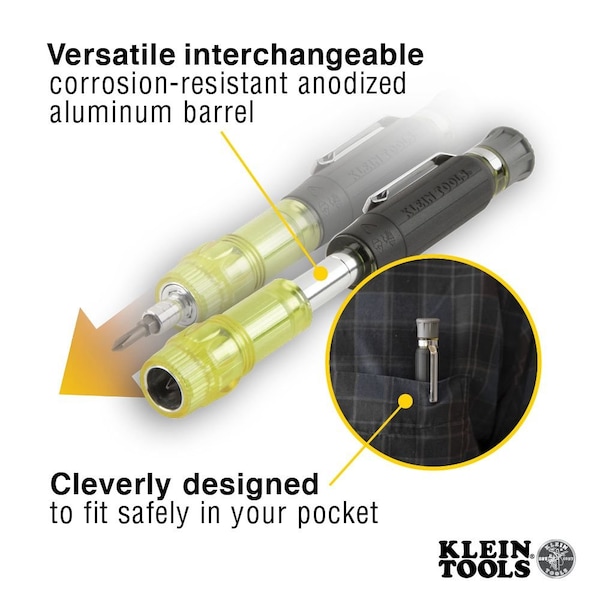 Klein Tools Multi-Bit Electronics Pocket Screwdriver, SAE, 4-In-1 #0, #00, 1/8 in, 3/32 in, 6 1/2 in L - 32614
