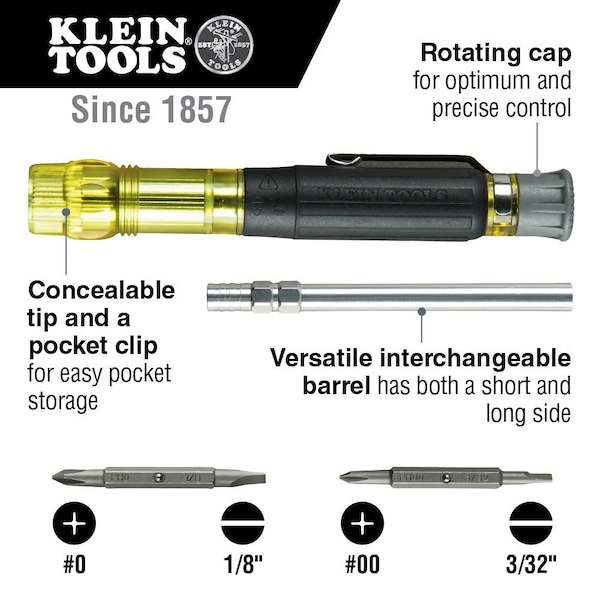 Klein Tools Multi-Bit Electronics Pocket Screwdriver, SAE, 4-In-1 #0, #00, 1/8 in, 3/32 in, 6 1/2 in L - 32614