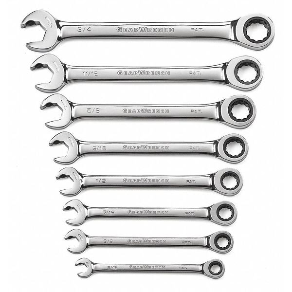 Gearwrench 8 Piece 72-Tooth 12 Point Open End Ratcheting Combination SAE Wrench Set - 85599
