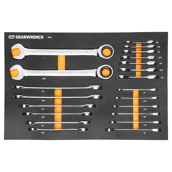 Gearwrench 21 Piece 72-Tooth 12 Point SAE Standard & Stubby Combination Ratcheting Wrench Set w/ Storage Tray - 86526