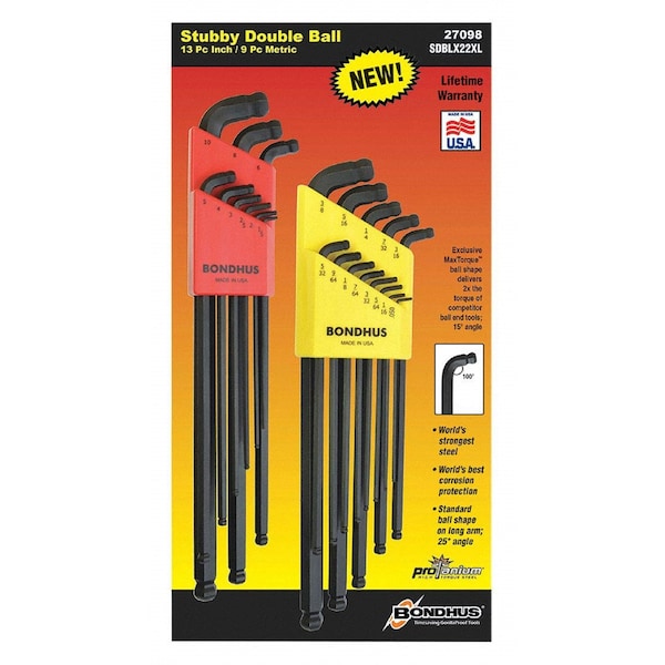 Bondhus Set of 22 Stubby Double Ball End L-Wrenches XL Double Pk - 27098