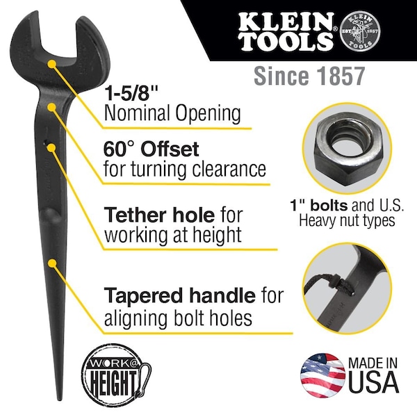 Klein Tools Spud Wrench, 1-5/8-Inch Nominal Opening with Tether Hole - 3214TT