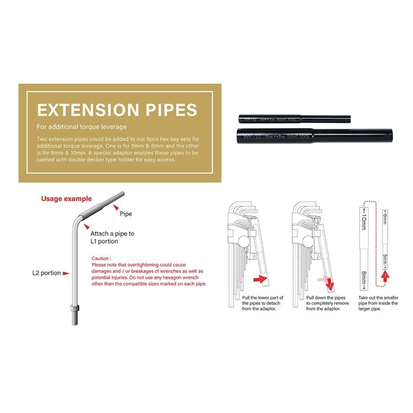 Eight Tool TAPER HEAD HEX KEY L-HANDLE EXTRA LONG SET, 9PC 1.5-10MM MLTI-CLR W/EXTENSION PIPES - TLC-S9NP