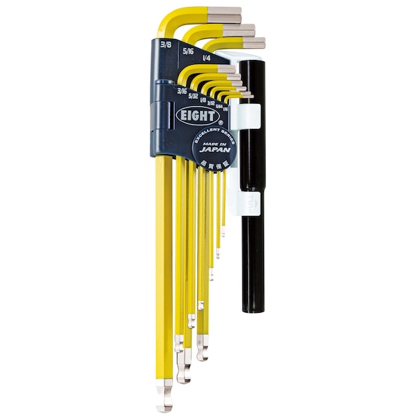 Eight Tool TAPER HEAD HEX KEY L-HANDLE EXTRA LONG SET, 9PC 1/16-3/8INCH YLW W/EXTENSION PIPES - TEL-S9NPYE
