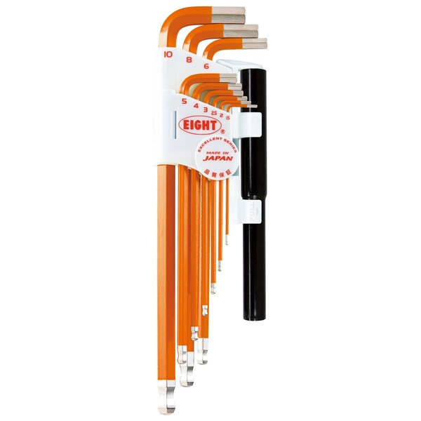 Eight Tool TAPER HEAD HEX KEY L-HANDLE EXTRA LONG SET, 9PC 1.5-10MM ORNG W/EXTENSION PIPES - TLC-S9NPOR