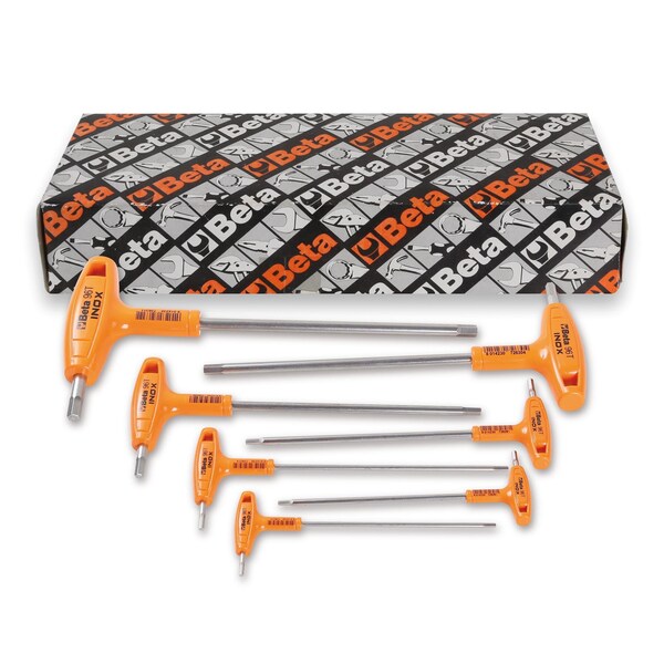 Beta 96TINOX Set of 7 Stainless Steel High Torque T-Handle Hex Key Allen Wrenches, SAE 3/32 in- 5/16 in - 000961877