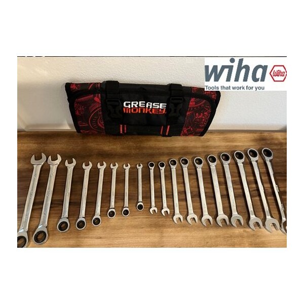 Stupid Simple Tools Combination Metric and SAE Ratcheting Wrenches, 18 Pieces w/a Grease Monkey 19 Pocket Rollup Pouch - RATCHET18PC