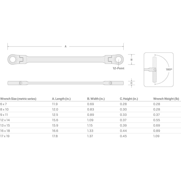 Tekton 8 x 10 mm Long Flex Head 12-Point Ratcheting Box End Wrench - WRB36408